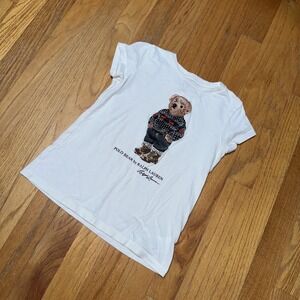 Polo Ralph Lauren Shirt Girls 6 White Polo Bear Graphic Tee Crewneck 100% Cotton